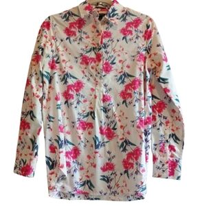 Lands' End Women's Size 4 No Iron Supima Cotton Floral Button Shirt Pink Blue Wh